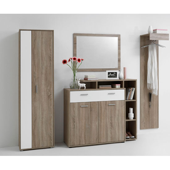 Bozen 6 Shoe Cabinet In Oak With 1 White Drawer And 2 Doors