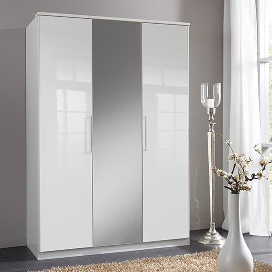 Bruce Mirrored 3 Doors Wardrobe In White With High Gloss Fronts