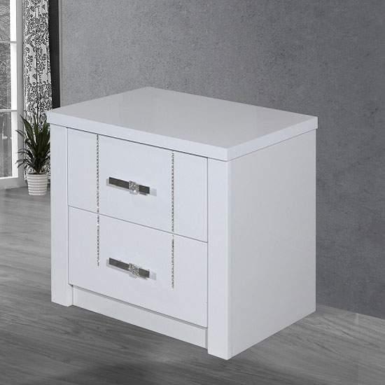 Cloral Bedside In White Gloss With 2 Drawer And Diamante Furniture in Fashion