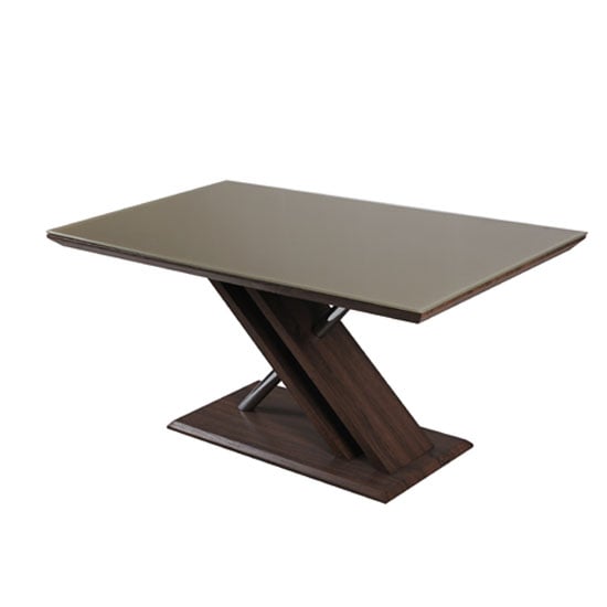 Photo of Cubic dining table in beige glass top with walnut base