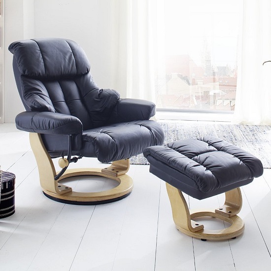 Read more about Calgary relaxing chair in black leather and oak with foot stool