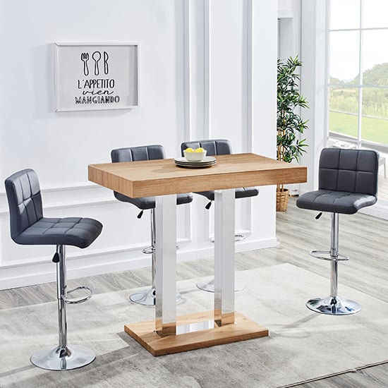 Photo of Caprice oak chrome bar table with 4 coco grey stools