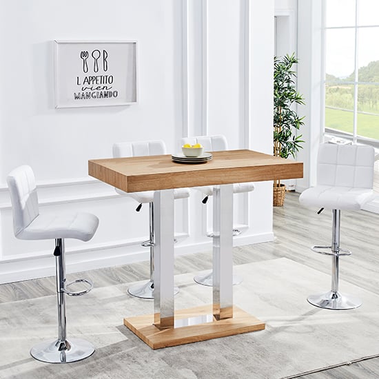 Photo of Caprice oak chrome bar table with 4 coco white stools