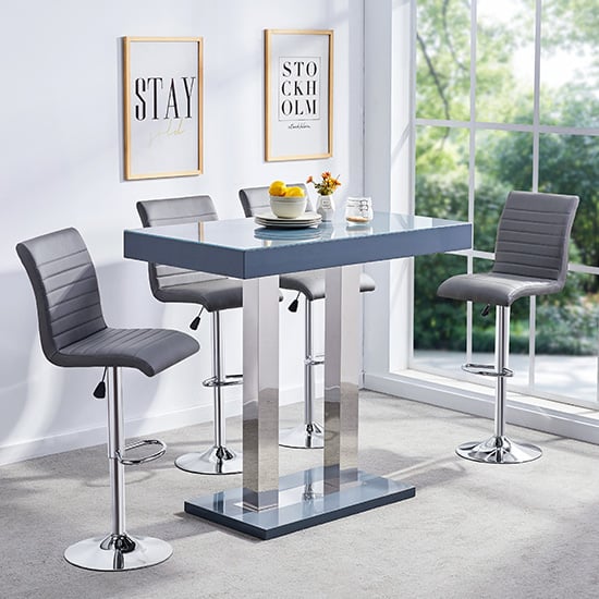 Photo of Caprice grey high gloss bar table with 4 ripple grey stools