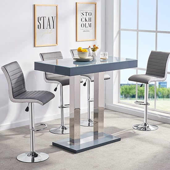 Photo of Caprice grey high gloss bar table 4 ritz grey white stools