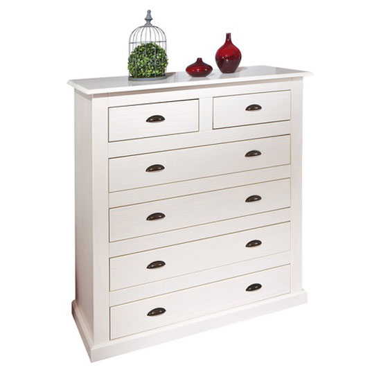Cassala2 White 6 Drawers Chest In Solid Pine Wood