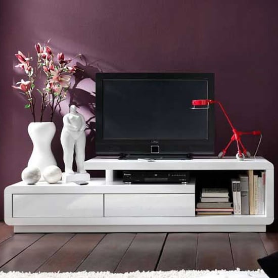 Product photograph of Celia High Gloss Tv Stand With 2 Drawers In White from Furniture in Fashion