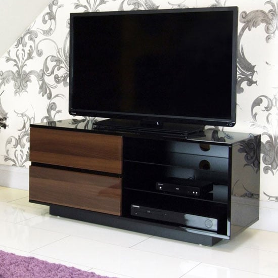 Century Glass Top LCD TV Stand In Walnut And High Gloss Black