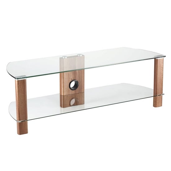 Read more about Clevedon small clear glass tv stand with walnut frame