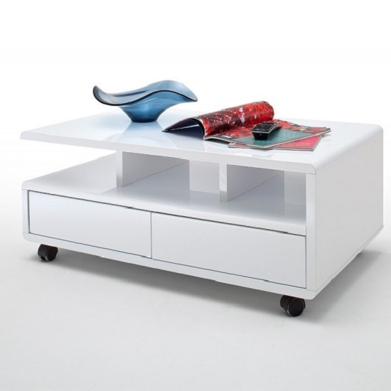 Read more about Wessex coffee table in white gloss with 2 drawers and 5 rollers