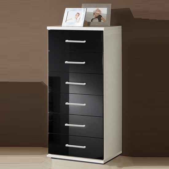 Alton tall chest of drawers in alpine white and gloss black