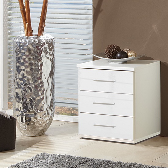 Photo of Alton bedside cabinet in high gloss alpine white with 3 drawers