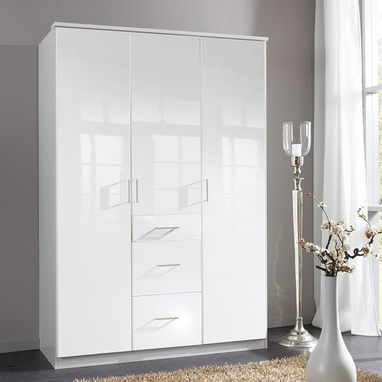 Photo of Alton wardrobe in high gloss alpine white with 3 doors 3 drawers