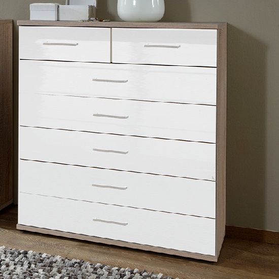 Read more about Alton wide chest of drawers in high gloss white and oak