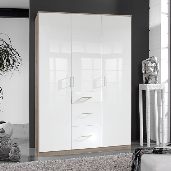 Product photograph of Alton Wardrobe In High Gloss White And Oak With 3 Door 3 Drawers from Furniture in Fashion