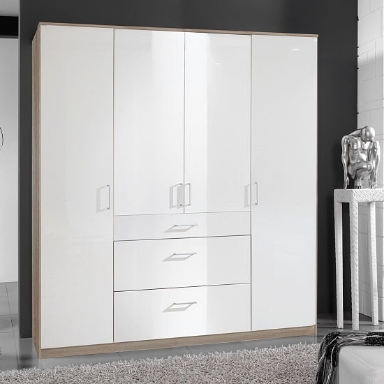 Alton Wardrobe In High Gloss White And Oak With 4 Door 3 Drawers