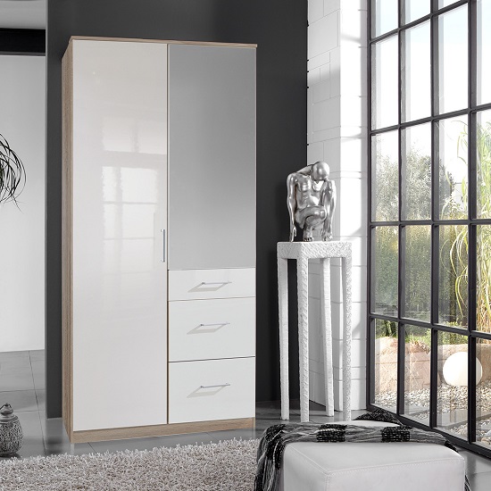 Photo of Alton mirror wardrobe in high gloss white and oak with 2 doors