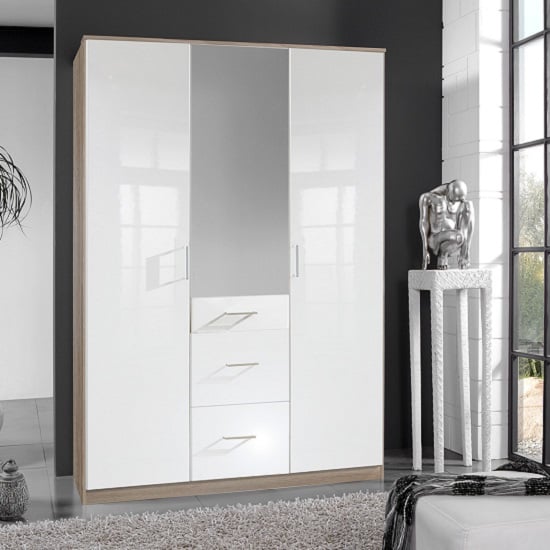 Alton Mirror Wardrobe In High Gloss White And Oak With 3 Doors_1