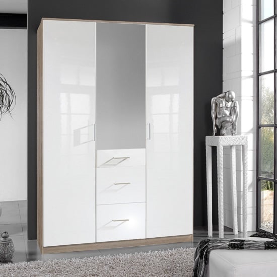 Photo of Alton mirror wardrobe in high gloss white and oak with 3 doors