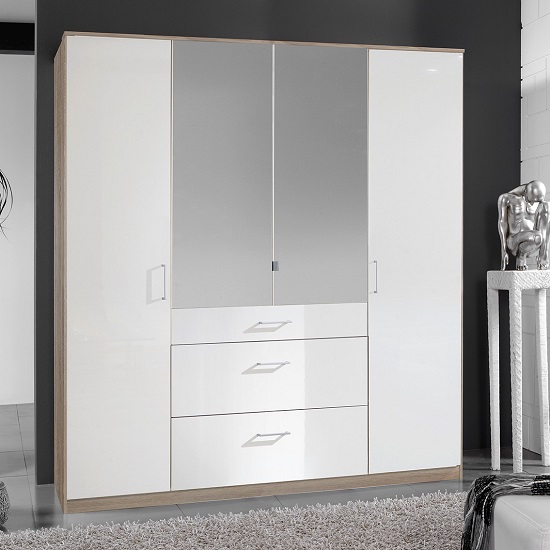 Read more about Alton mirror wardrobe in high gloss white and oak with 4 doors