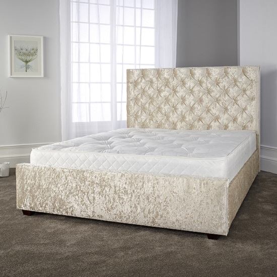 Read more about Alison voguish bed in glitz cream velvet fabric with wooden legs