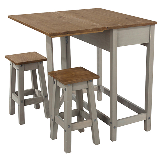 Consett Drop Leaf Dining Set In Grey With 2 Stools_3