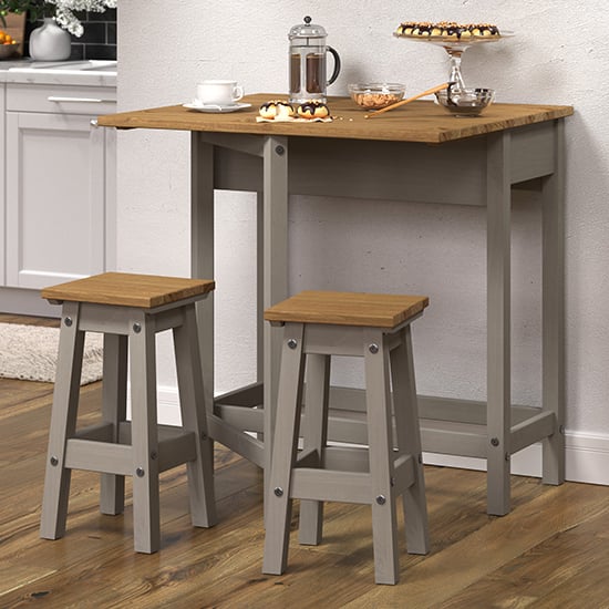 Consett Drop Leaf Dining Set In Grey With 2 Stools