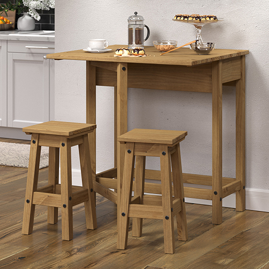 Read more about Consett drop leaf dining set in oak with 2 stools