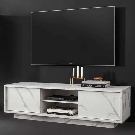 Read more about Corvi tv stand in white marble effect with 2 doors and 1 shelf