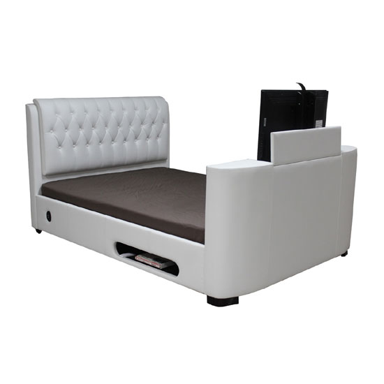 Cosmo White Faux Leather Finish King Size TV Bed Furniture in Fashion