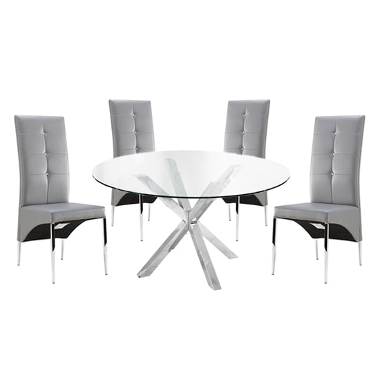 Photo of Crossley round glass dining table with 4 vesta grey chairs