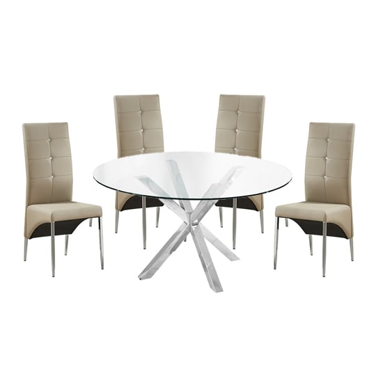 Product photograph of Crossley Round Glass Dining Table With 4 Vesta Taupe Chairs from Furniture in Fashion