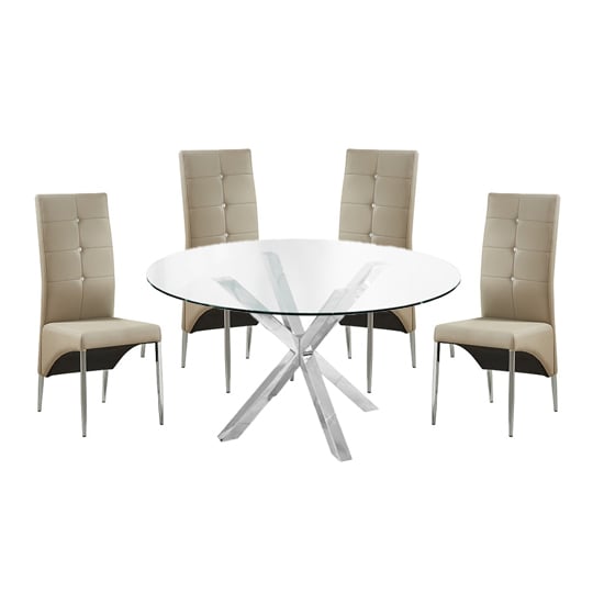 Crossley Round Glass Dining Table With 4 Vesta Taupe Chairs