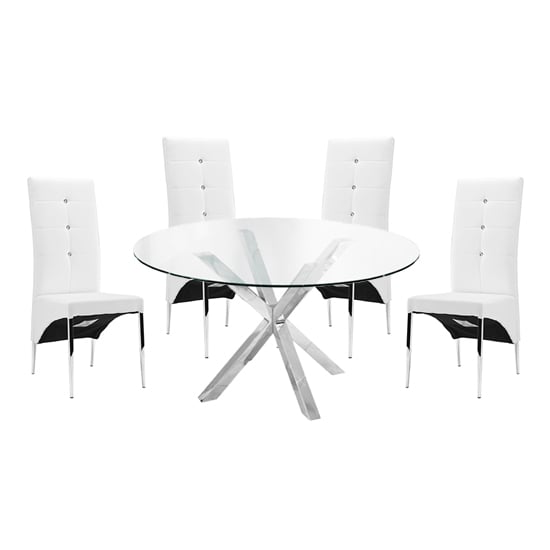 Read more about Crossley round glass dining table with 4 vesta white chairs