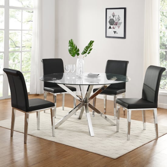 Crossley Round Glass Dining Set With 4 Kirkland Black Chairs