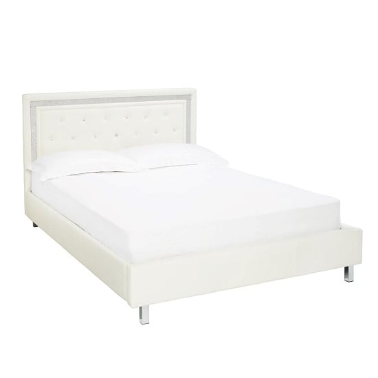 Branson Double Bed In White Faux Leather With Diamanté FiF