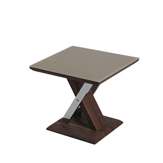 Product photograph of Cubic End Table In Beige Glass Top With Walnut Base from Furniture in Fashion