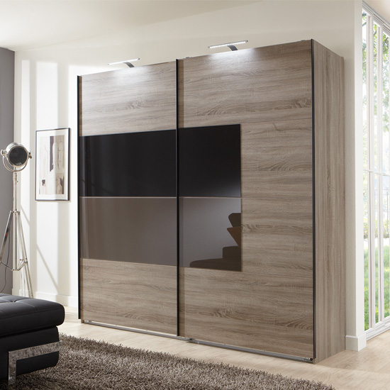 Cairo Sliding Wardrobe In Montana Oak And Black Mocha Glass Doors