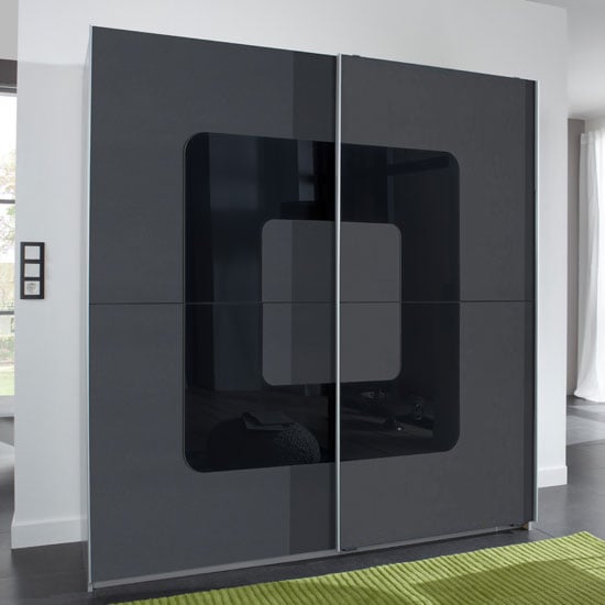 Read more about Cubi sliding wardrobe in anthracite front and black glass insert
