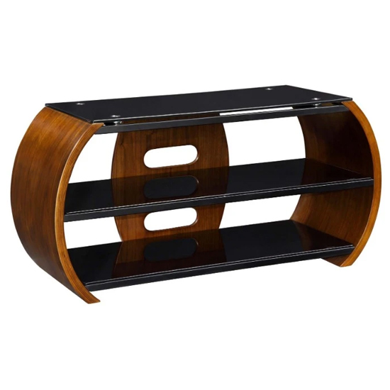 Curved LCD TV Stand In Black Glass Top And Walnut Veneer_2