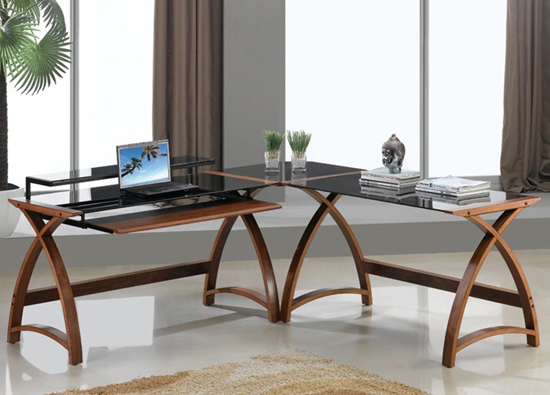 Product photograph of Modular Curve Corner Computer Desk In Walnut from Furniture in Fashion