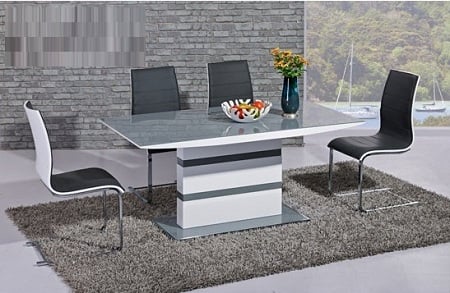 Arctic Dining Table In Grey Glass Top With 6 Encore Dining Chair
