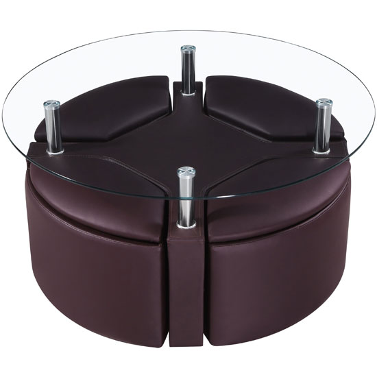 Minnesota Round Glass Coffee Table And 4 Storage Stools in Black