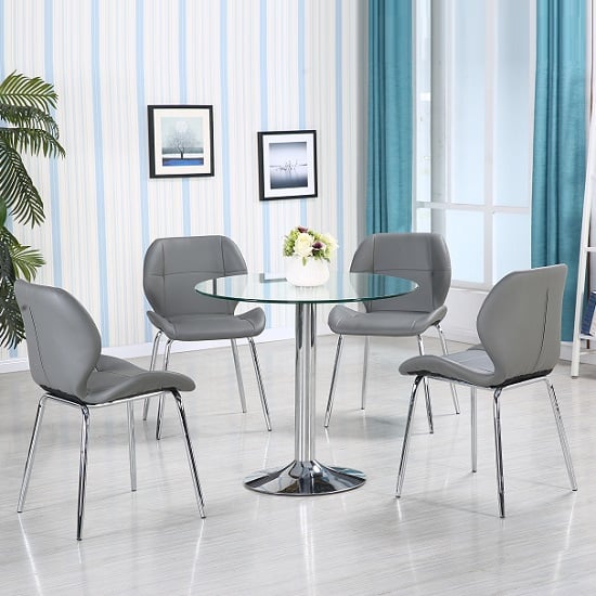 Photo of Dante glass dining table in clear with 4 grey darcy chairs