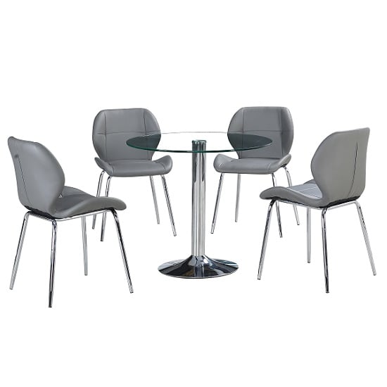 Dante Glass Dining Table In Clear With 4 Grey Darcy Chairs_2