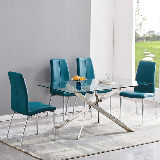 Photo of Daytona rectangular glass dining table with 4 opal teal chairs