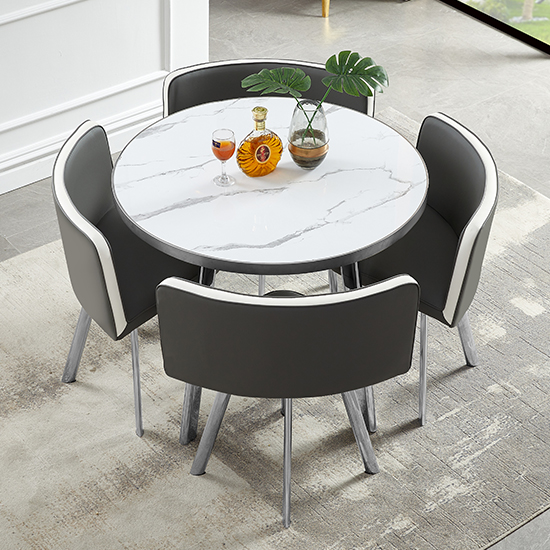 Product photograph of Diego Round Gloss Marble Effect Dining Table Set In Diva from Furniture in Fashion