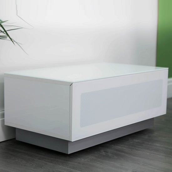 Read more about Elements small glass tv stand with 1 glass door in white