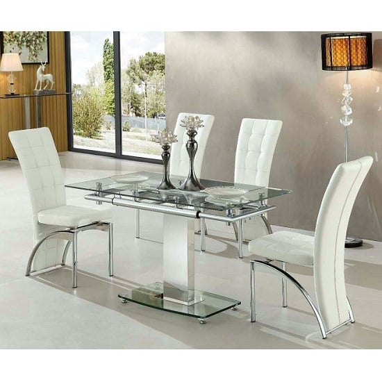 Read more about Enke extending glass dining table with 4 ravenna white chairs