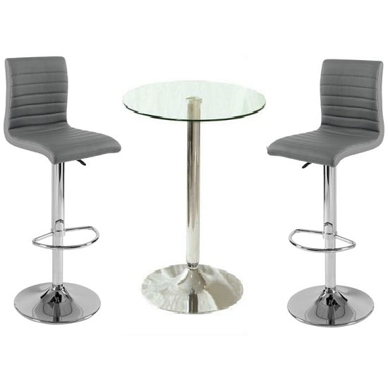 Photo of Gino clear glass bar table and 2 ripple charcoal grey bar stools